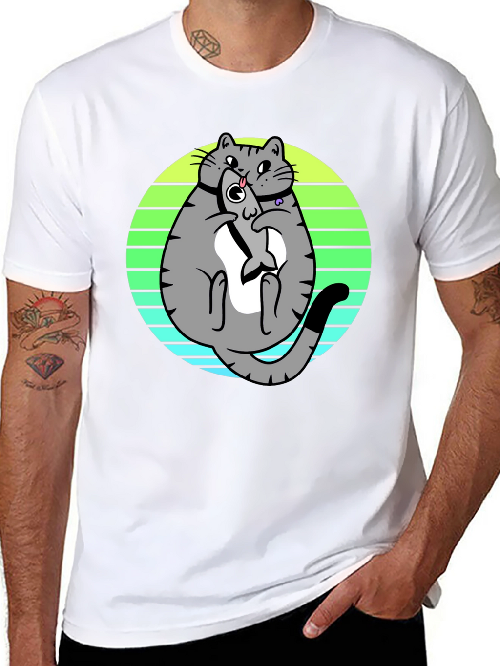 Funny Cat Eating Fish T-Shirt - Unique Graphic Tee