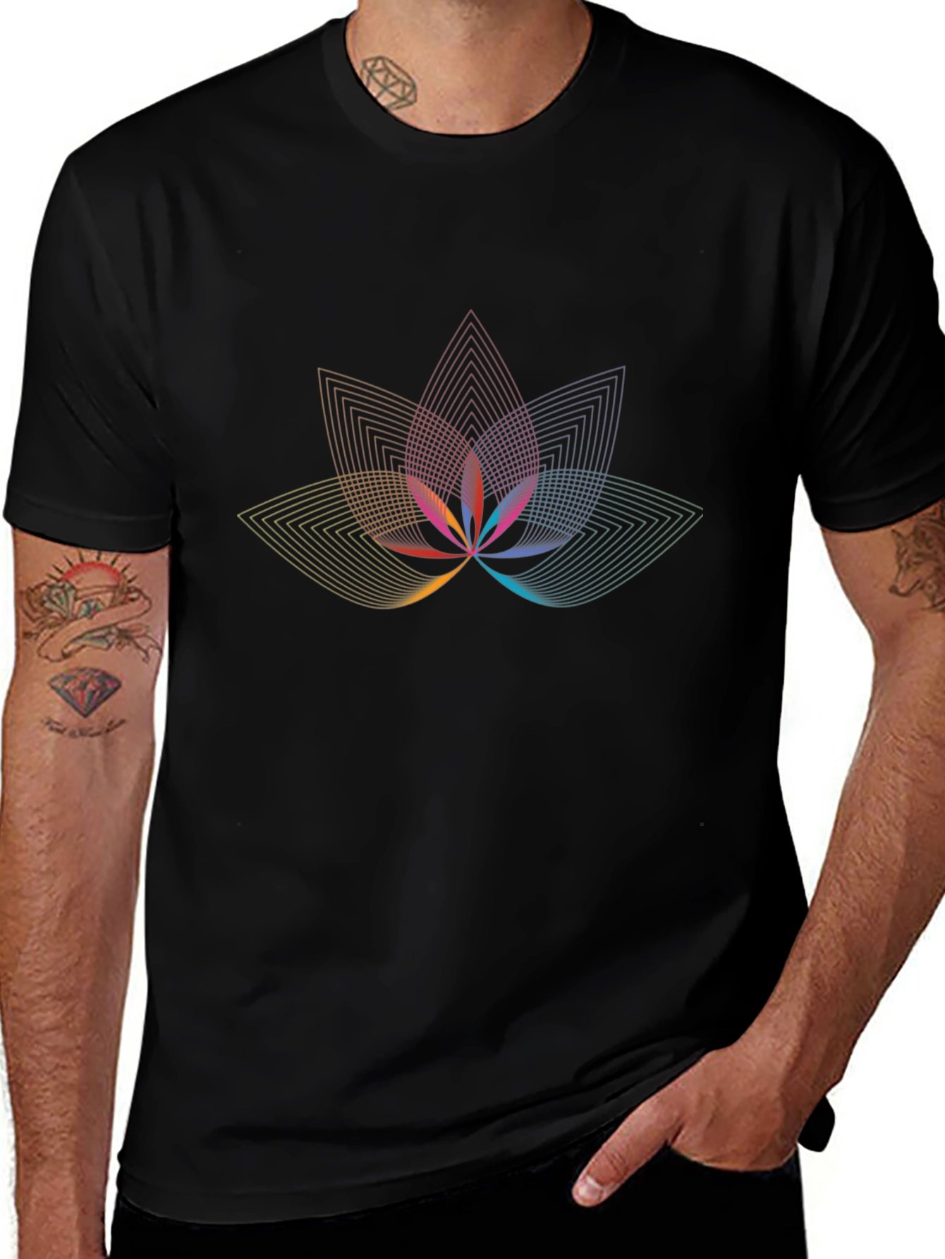 Geometric Lotus Flower Graphic Black T-Shirt