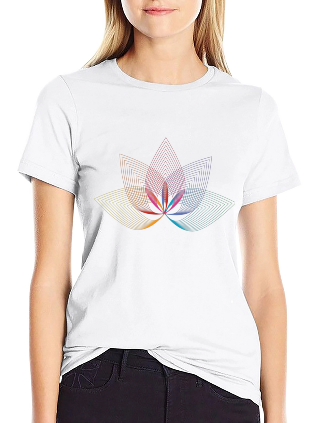 Geometric Lotus Flower Graphic Black T-Shirt