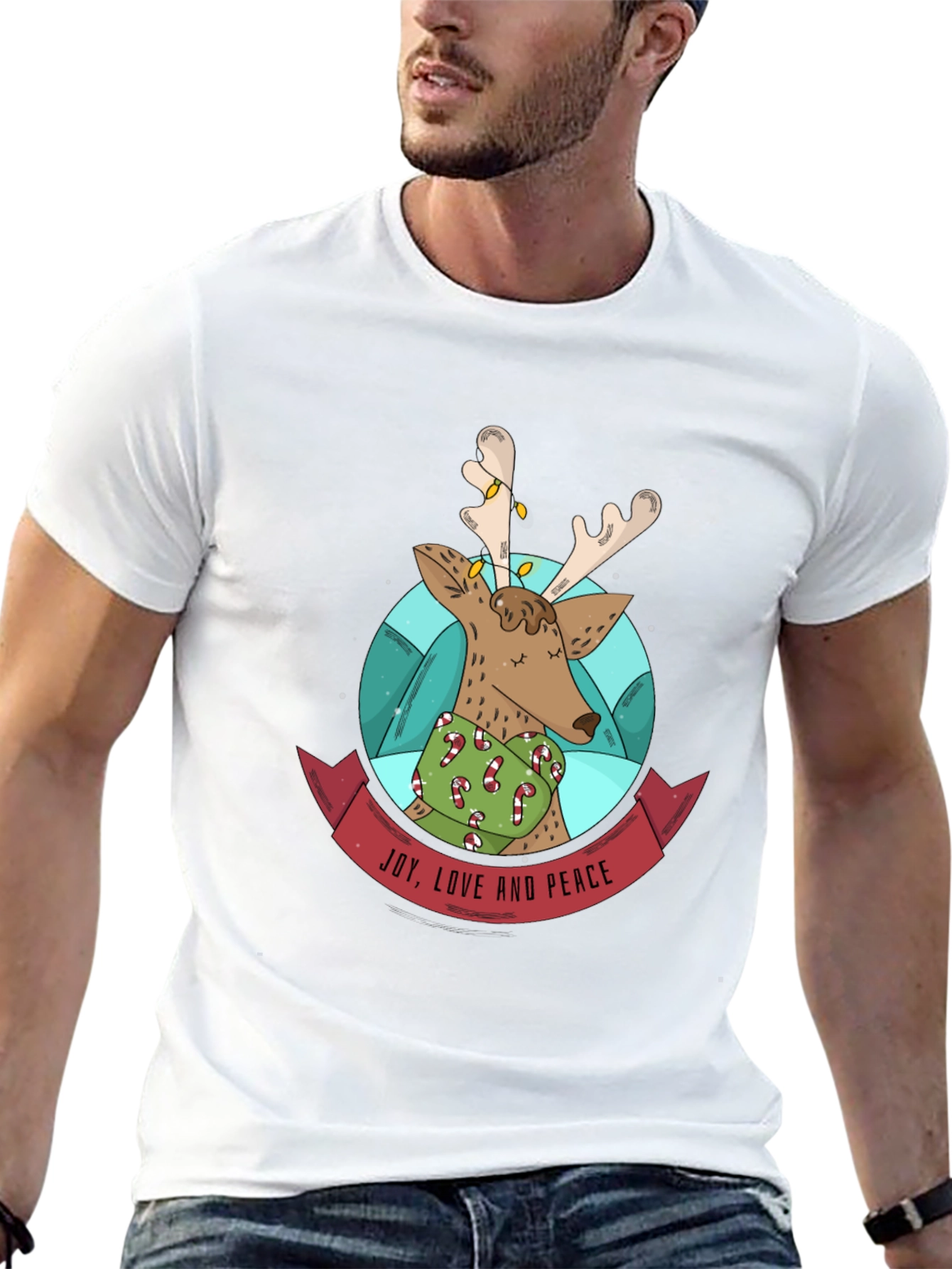 Festive Reindeer T-Shirt: Joy Love & Peace