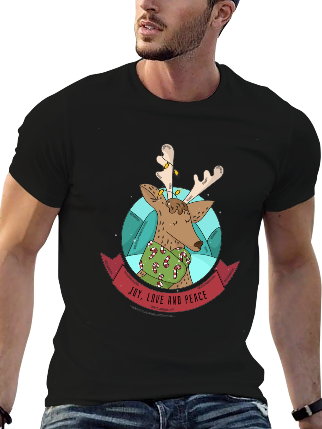 Festive Reindeer T-Shirt: Joy Love & Peace