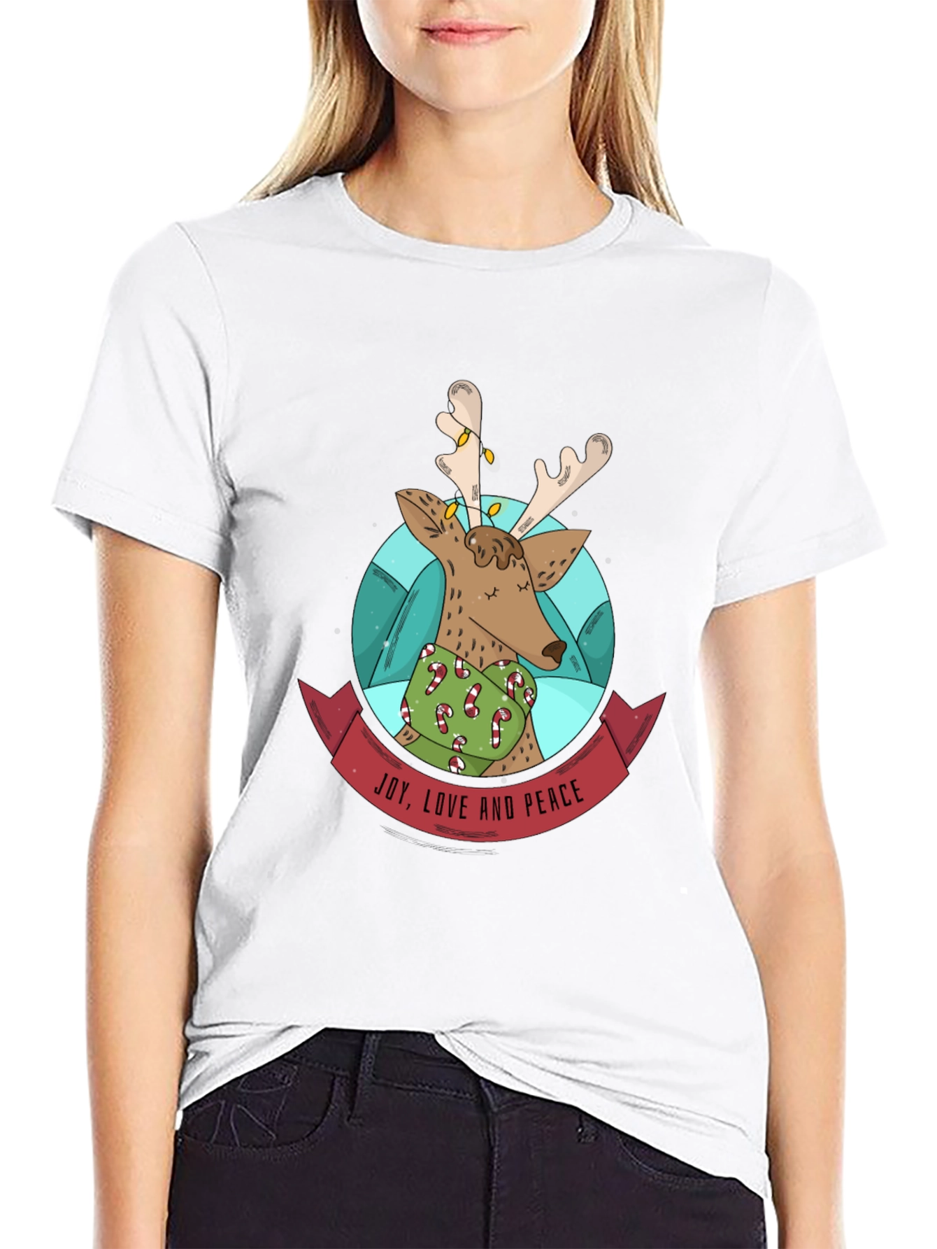 Festive Reindeer T-Shirt: Joy Love & Peace