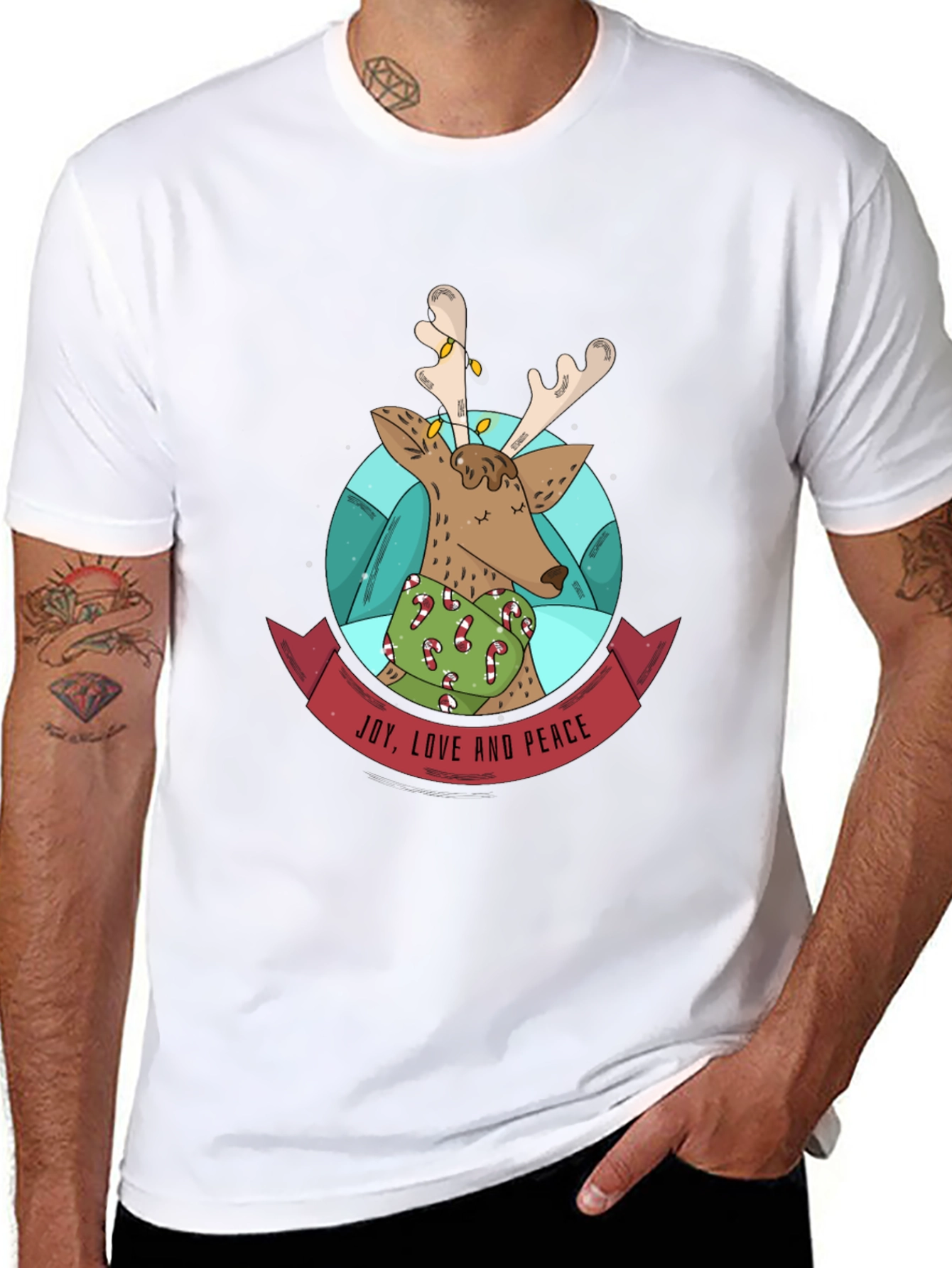 Festive Reindeer T-Shirt: Joy Love & Peace