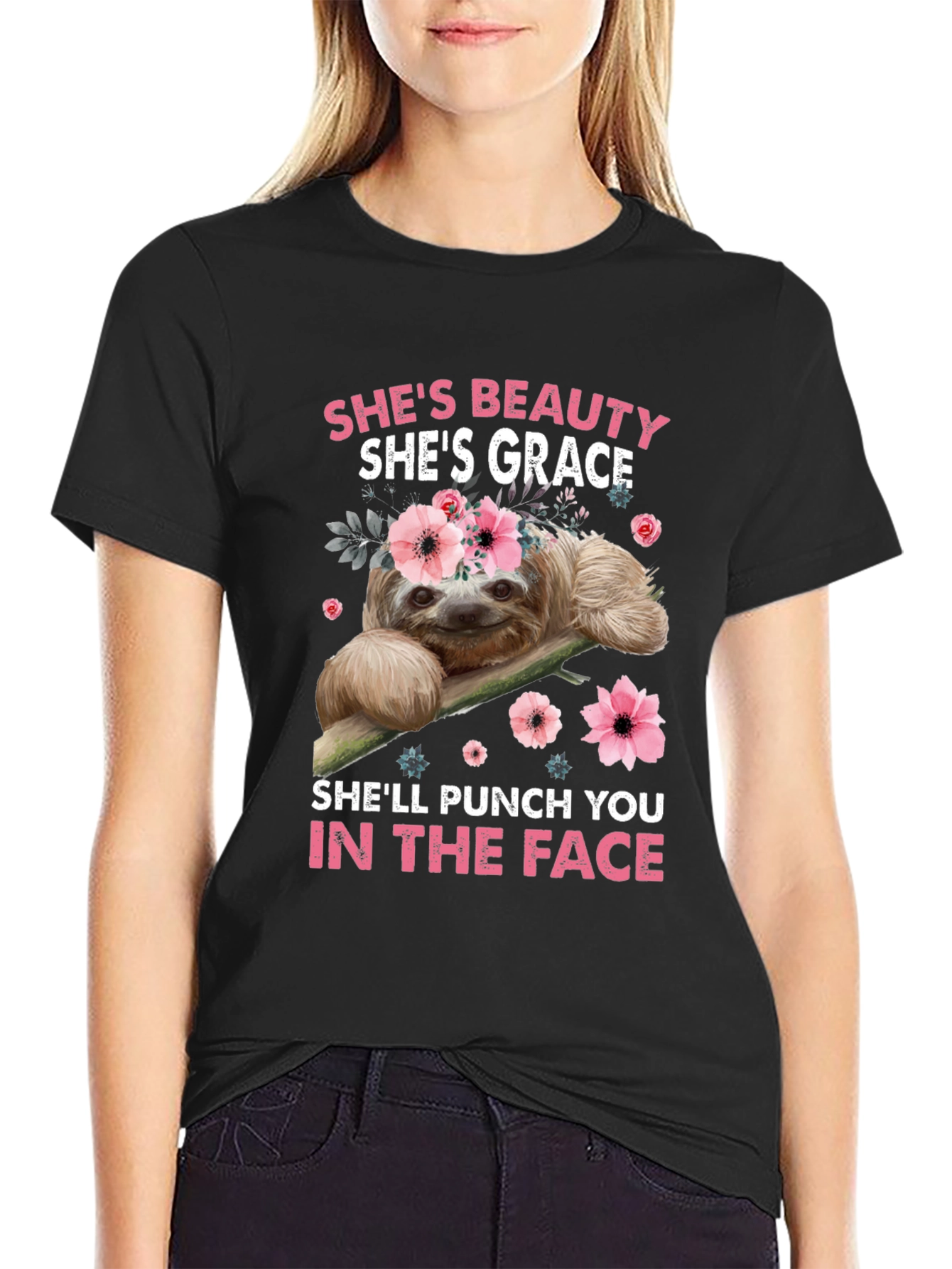 Funny Sloth Floral T-Shirt Beauty Grace Punch Face Tee