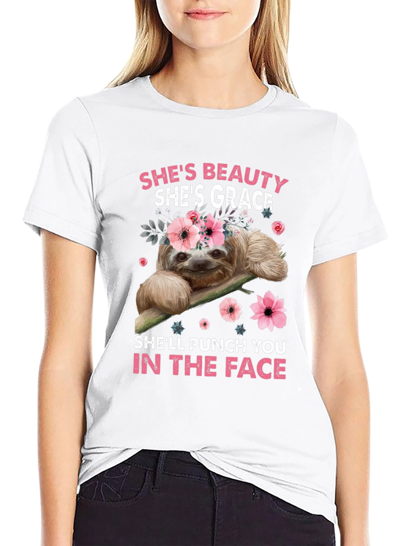 Funny Sloth Floral T-Shirt Beauty Grace Punch Face Tee
