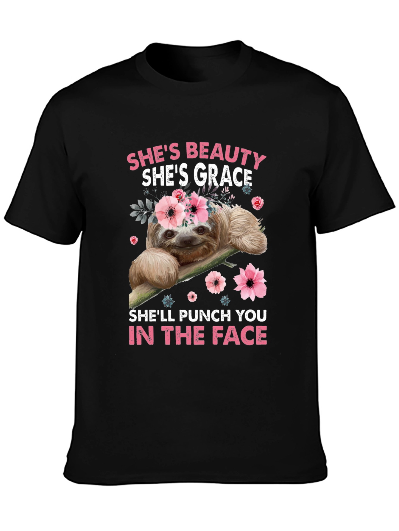 Funny Sloth Floral T-Shirt Beauty Grace Punch Face Tee