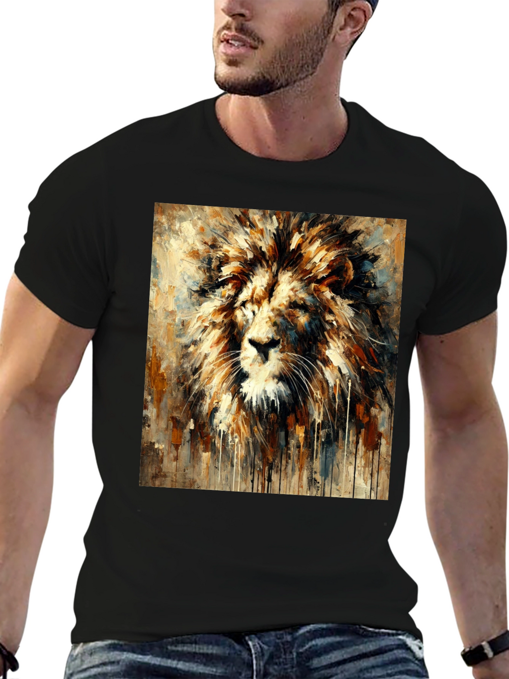 Lion Art Print Graphic Tee - Bold Black T-Shirt