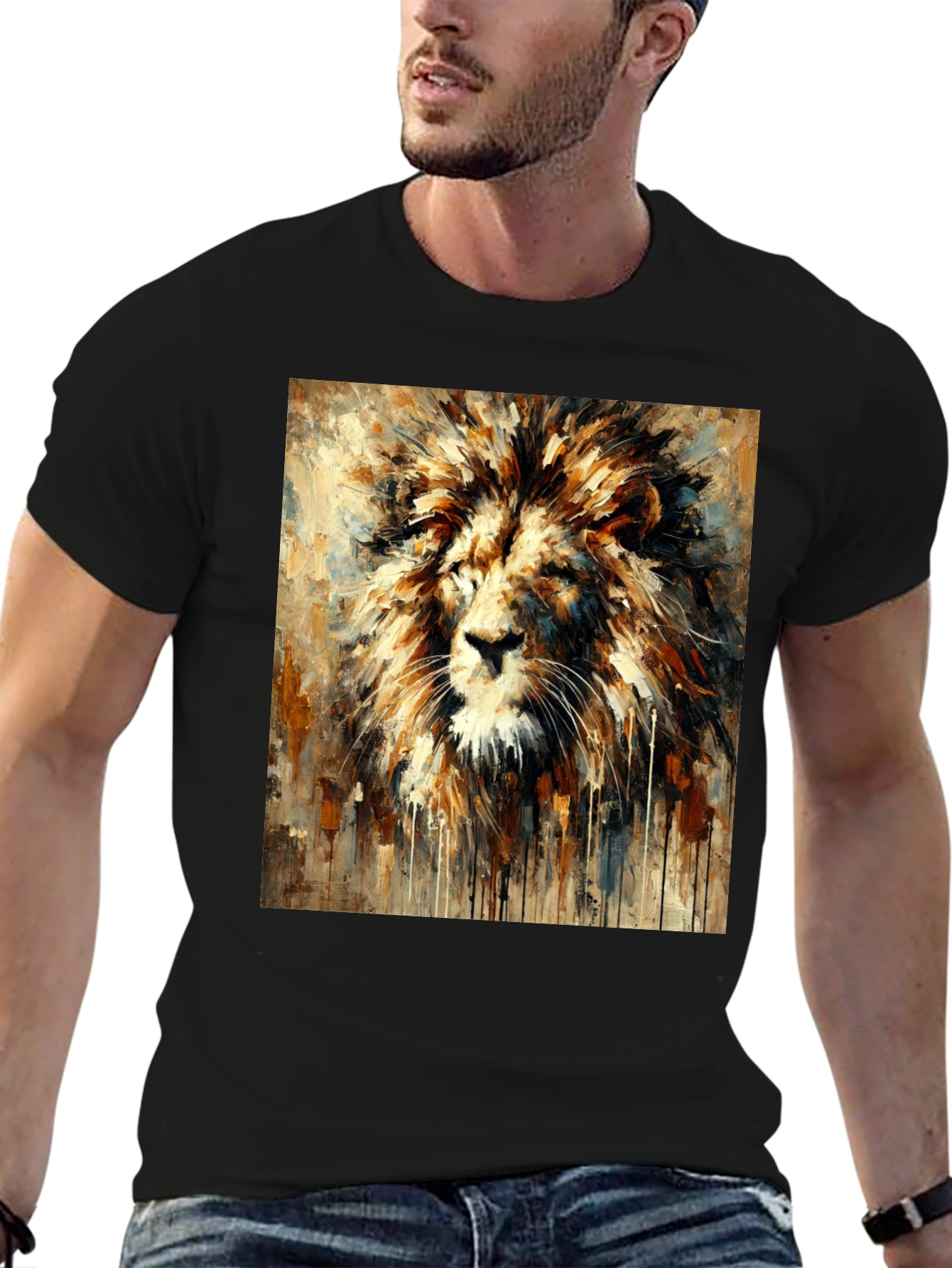 Lion Art Print Graphic Tee - Bold Black T-Shirt