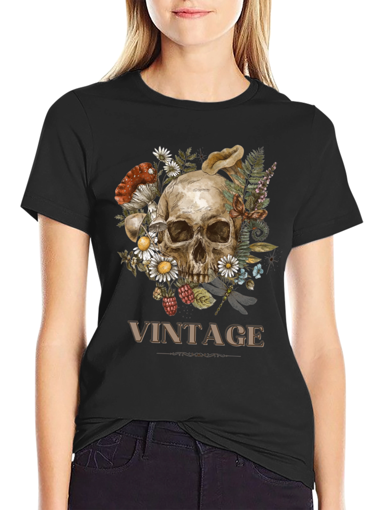 Vintage Skull & Floral Graphic Print T-Shirt