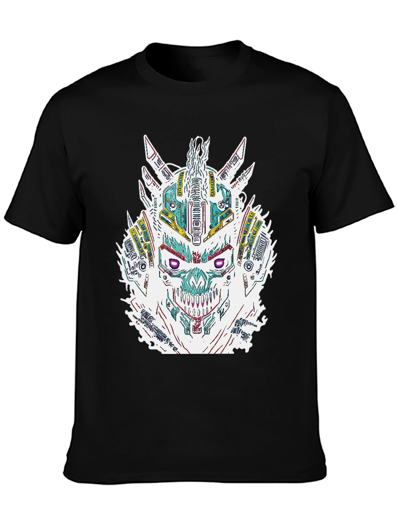 Cyberpunk Skull Graphic Print Black T-Shirt