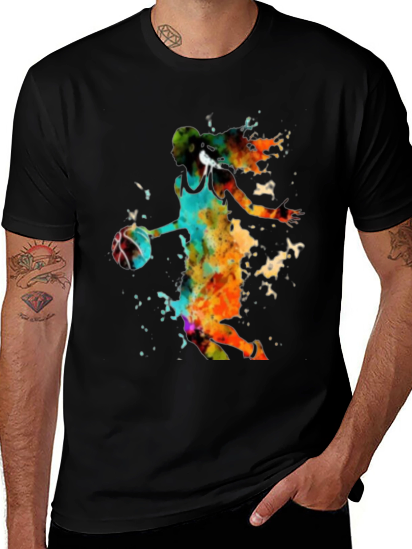 Watercolor Basketball Player Black T-Shirt