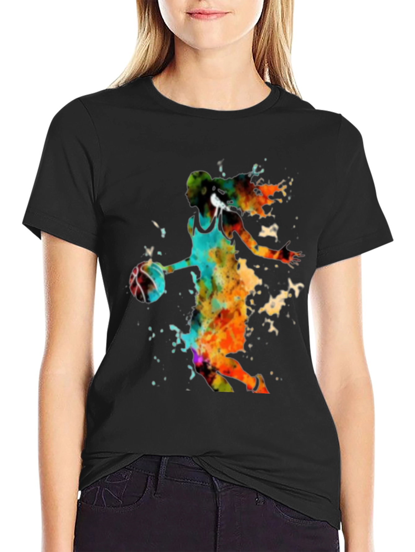 Watercolor Basketball Player Black T-Shirt