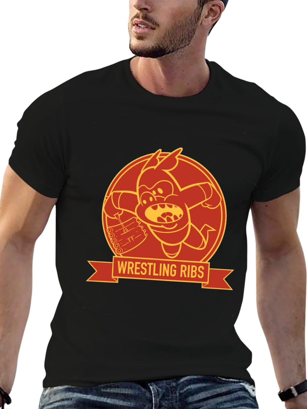 Wrestling Ribs Funny Cartoon Graphic Tee
