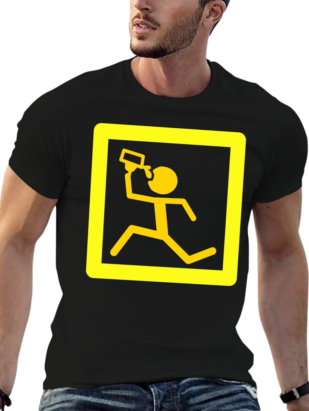 Funny Running Man Drinking T-Shirt - Black