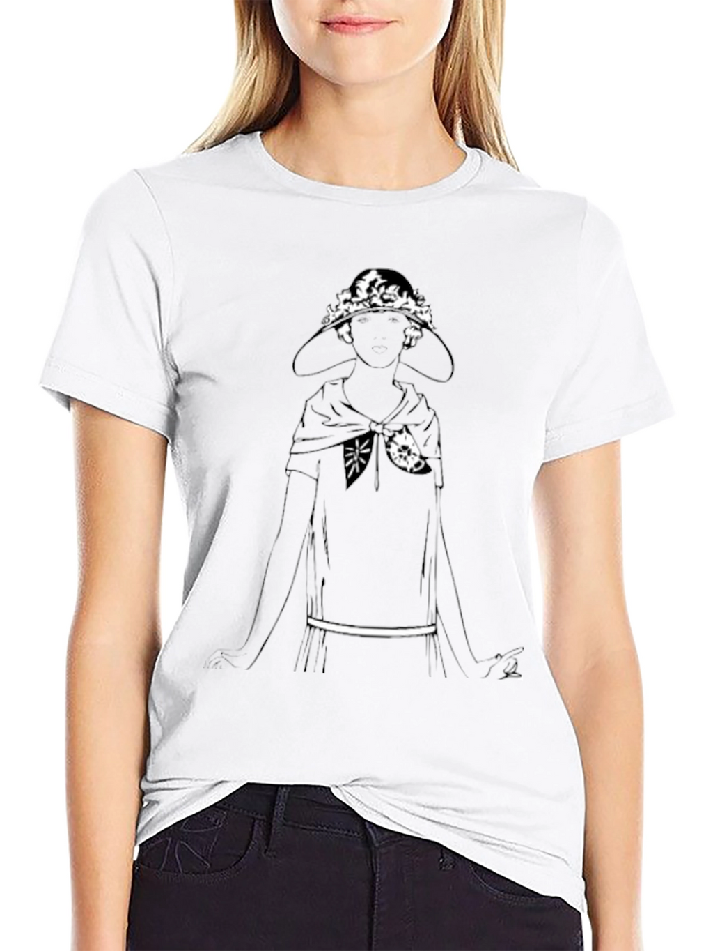 Black T-Shirt with Woman in Hat Graphic