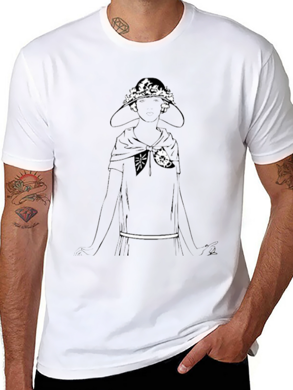Black T-Shirt with Woman in Hat Graphic