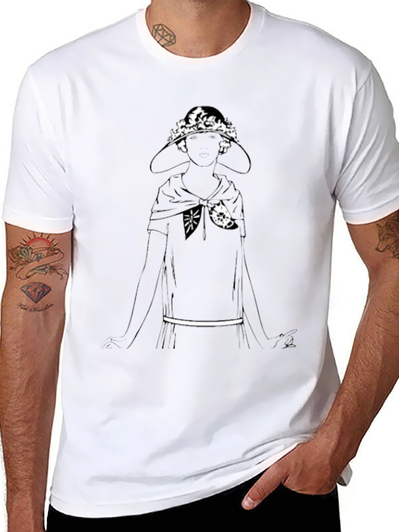 Black T-Shirt with Woman in Hat Graphic