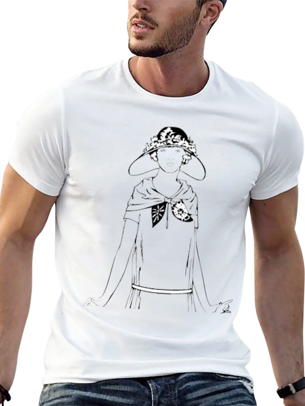 Black T-Shirt with Woman in Hat Graphic