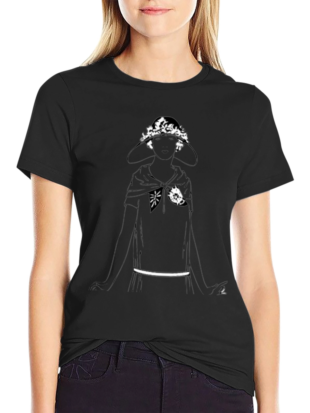 Black T-Shirt with Woman in Hat Graphic