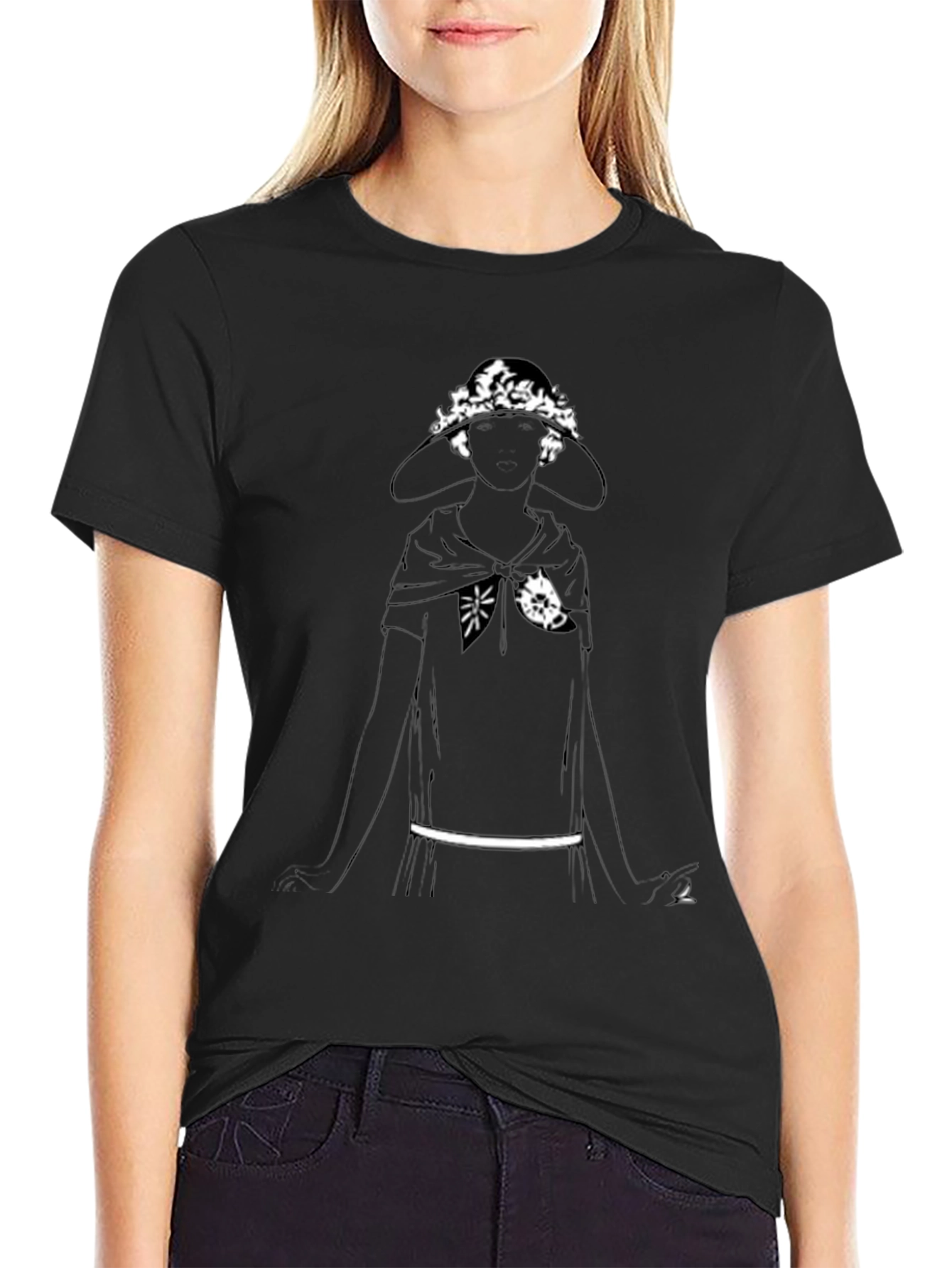 Black T-Shirt with Woman in Hat Graphic