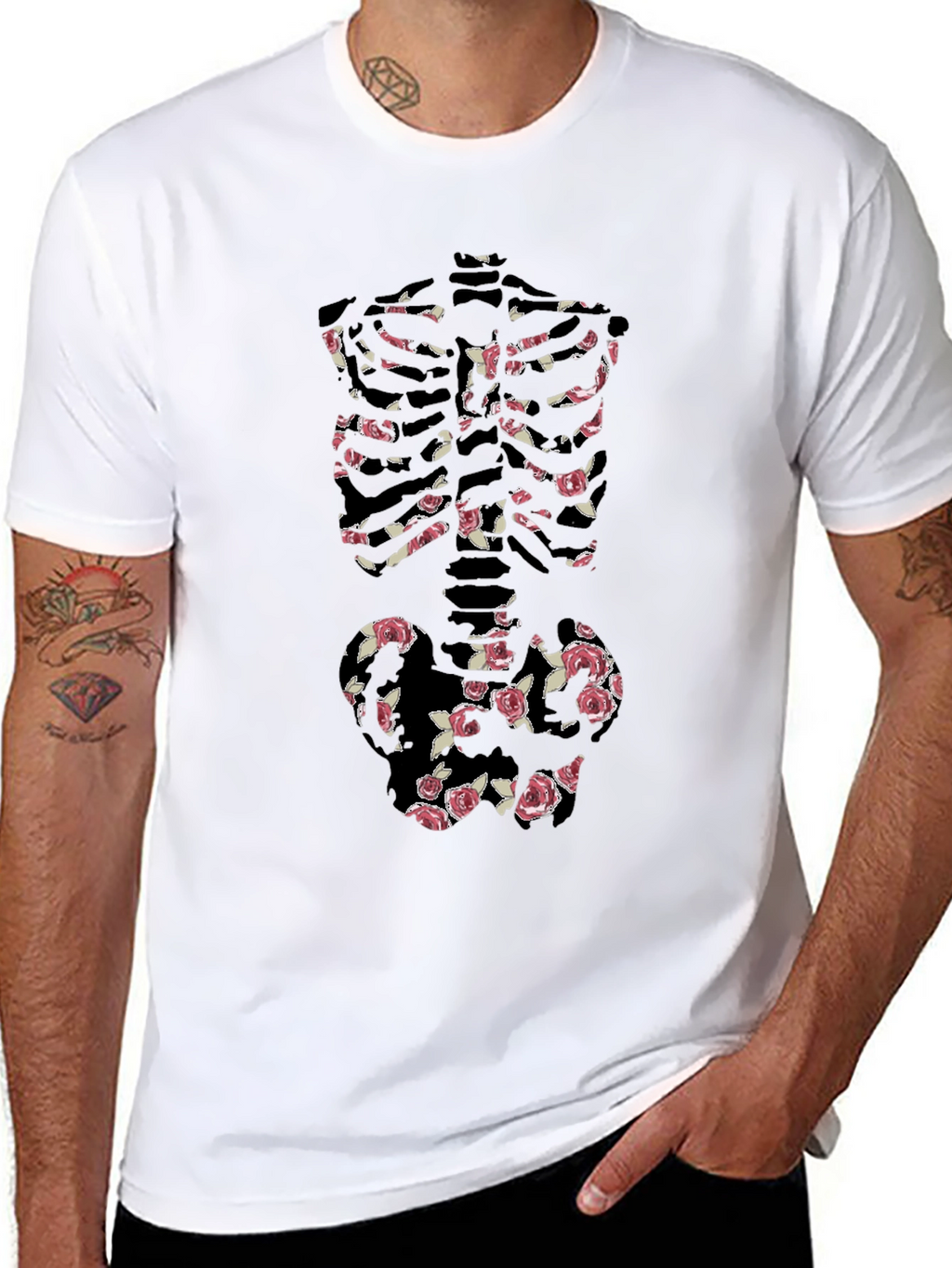 Floral Skeleton Print Black T-Shirt