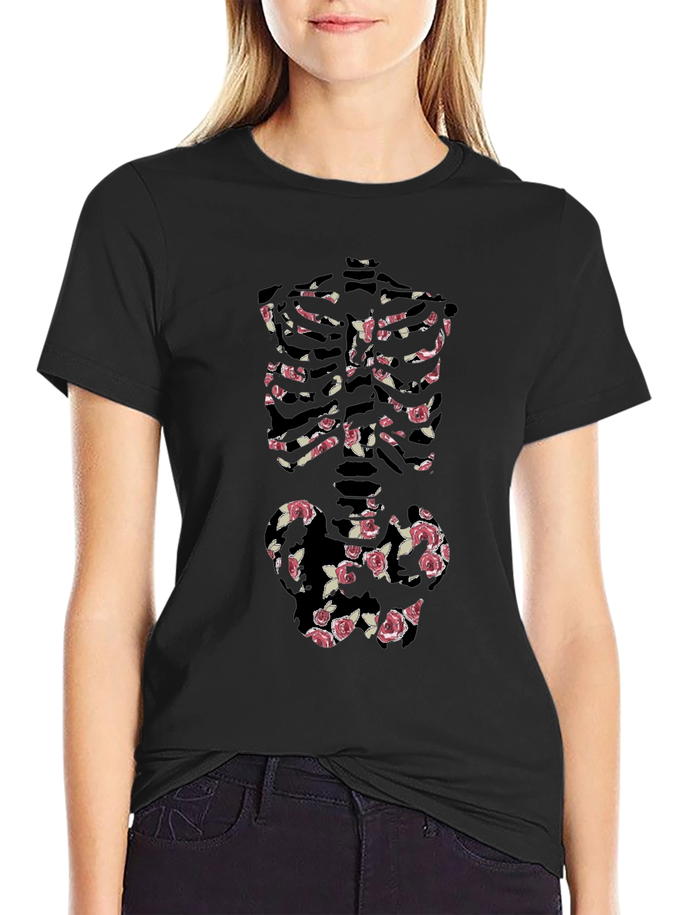 Floral Skeleton Print Black T-Shirt