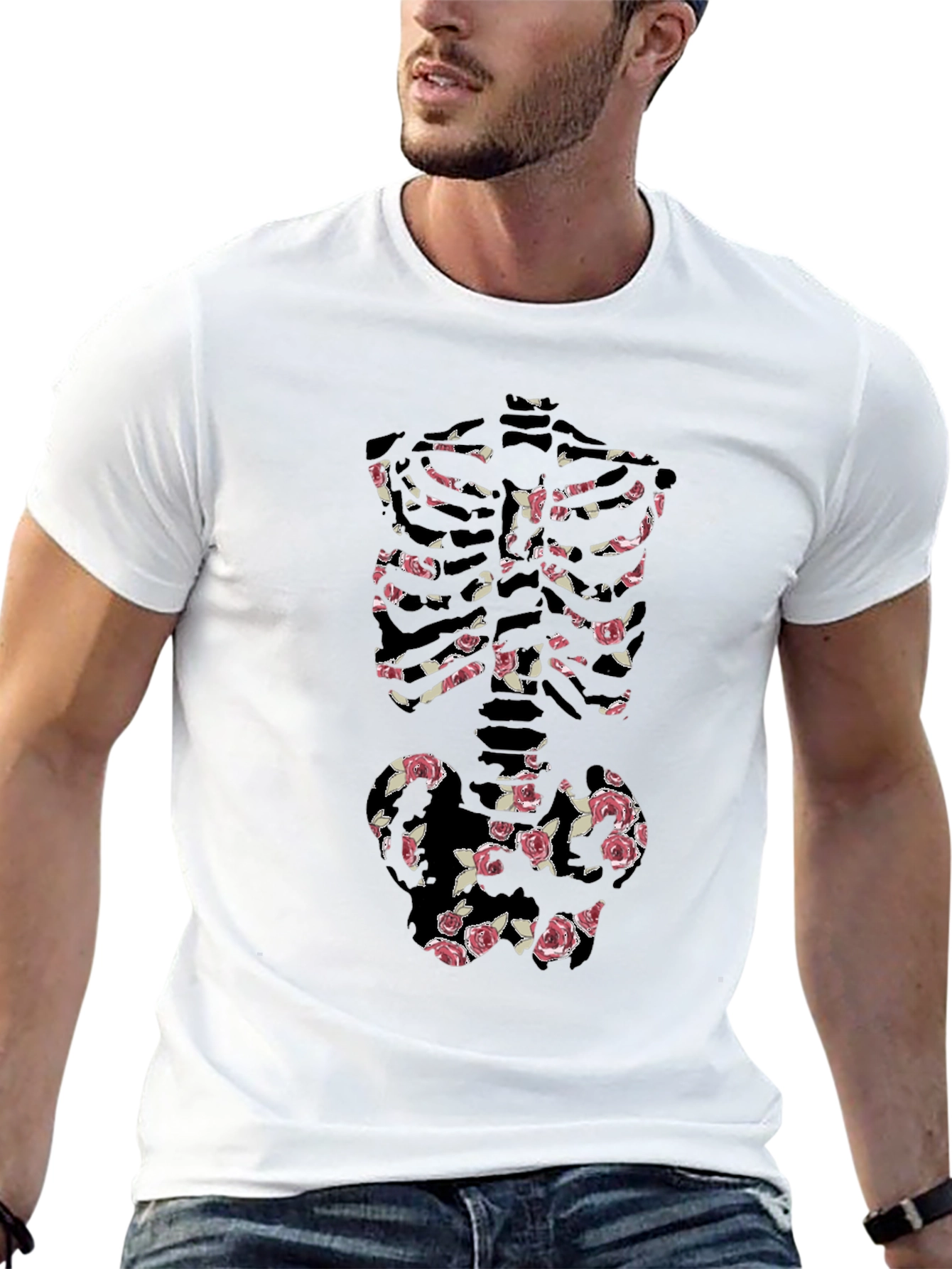Floral Skeleton Print Black T-Shirt
