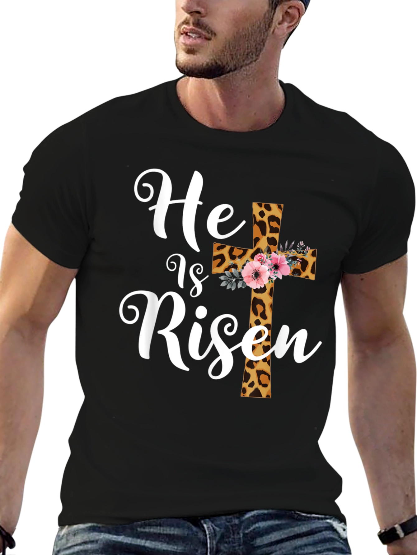 He is Risen Easter T-Shirt Leopard Print Cross