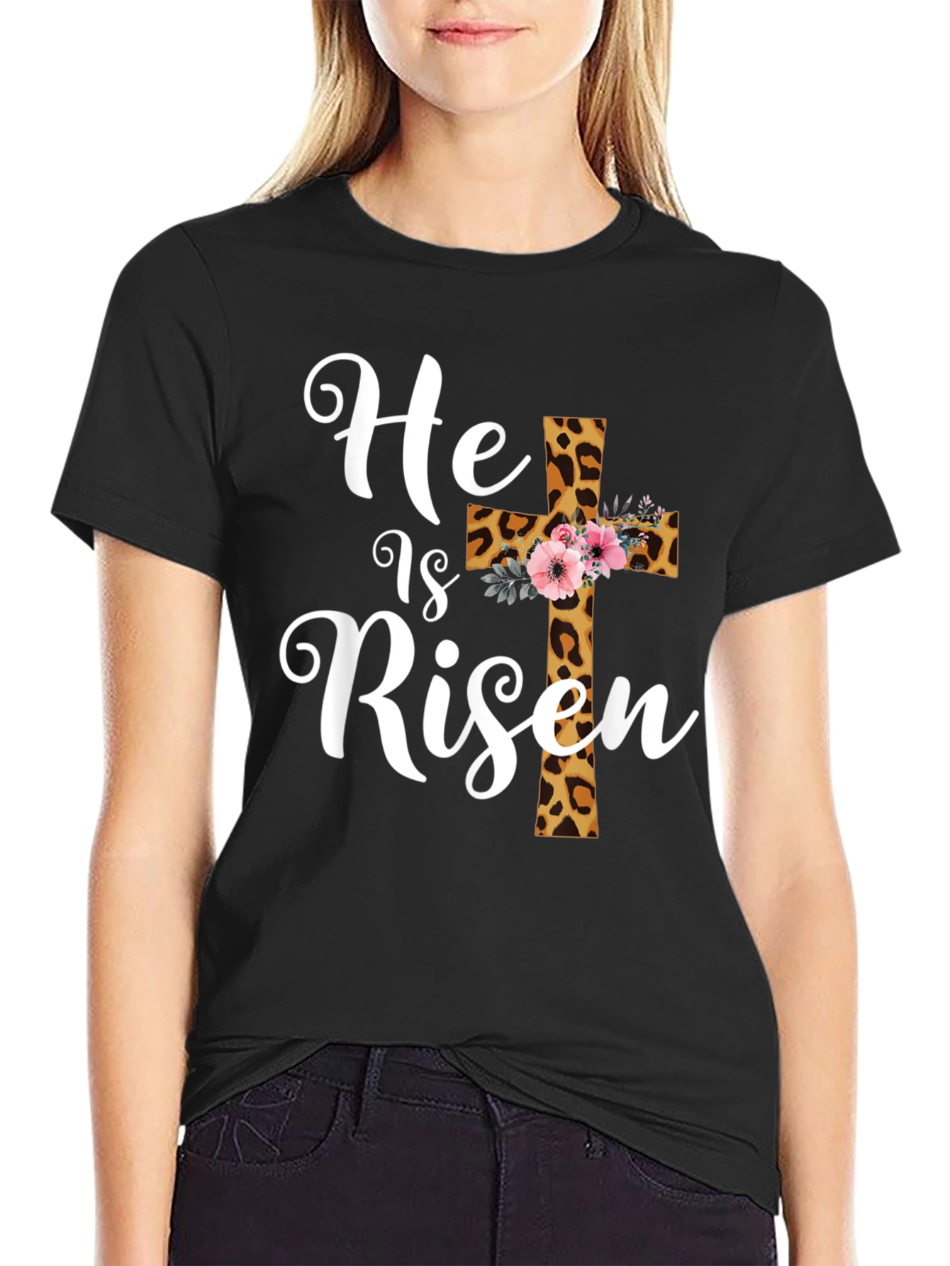 He is Risen Easter T-Shirt Leopard Print Cross