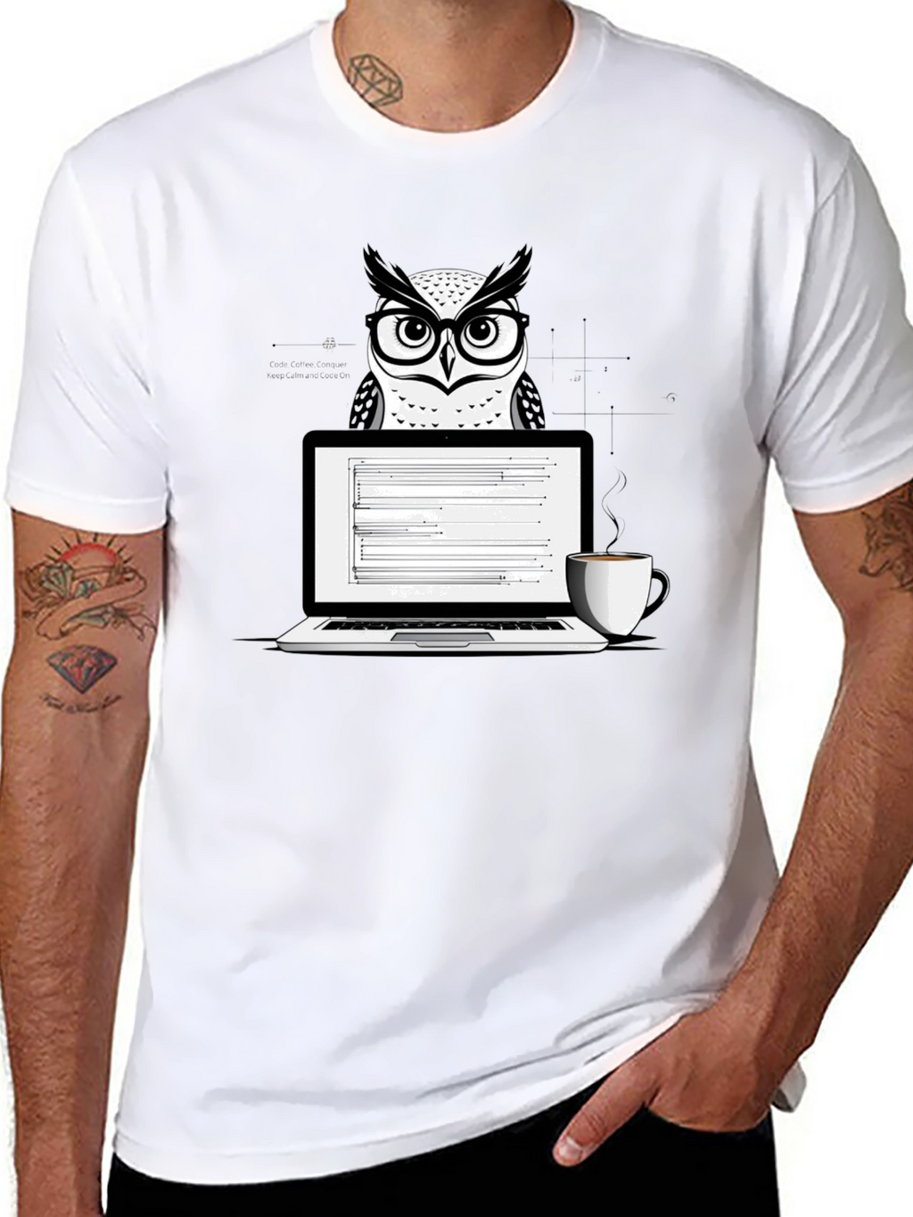 Owl Coder T-Shirt - Laptop and Coffee Design