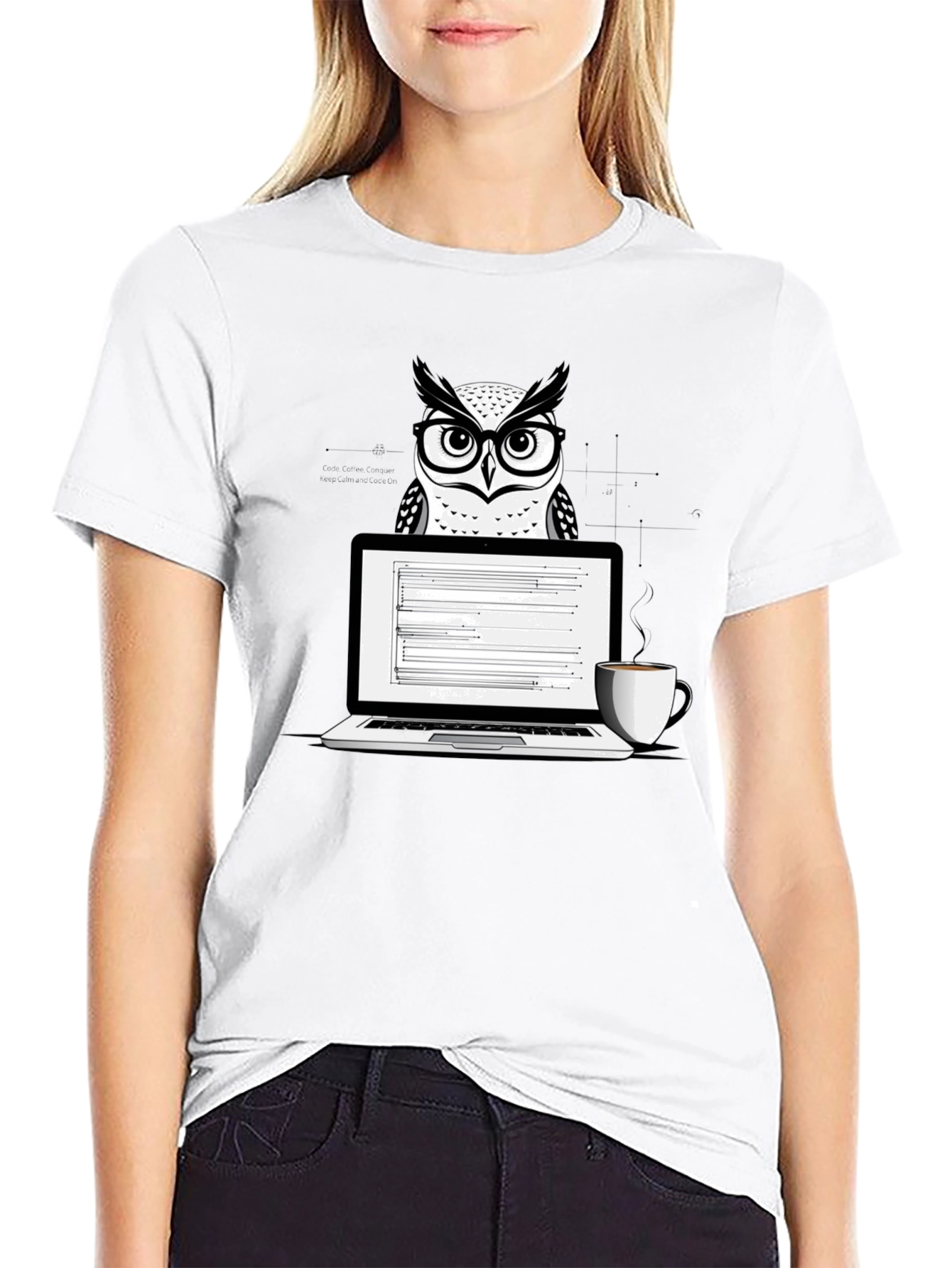 Owl Coder T-Shirt - Laptop and Coffee Design