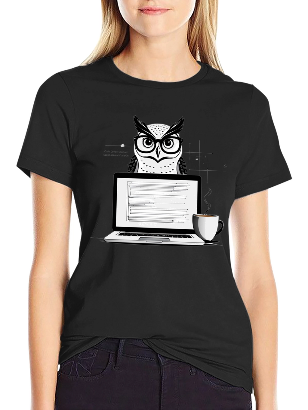 Owl Coder T-Shirt - Laptop and Coffee Design