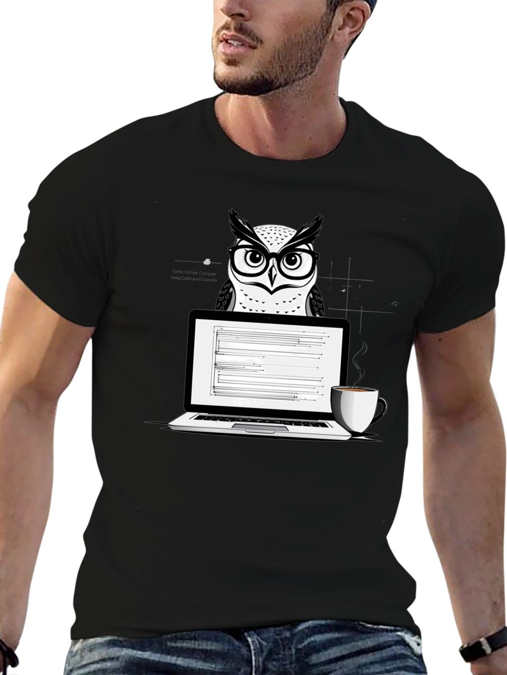 Owl Coder T-Shirt - Laptop and Coffee Design