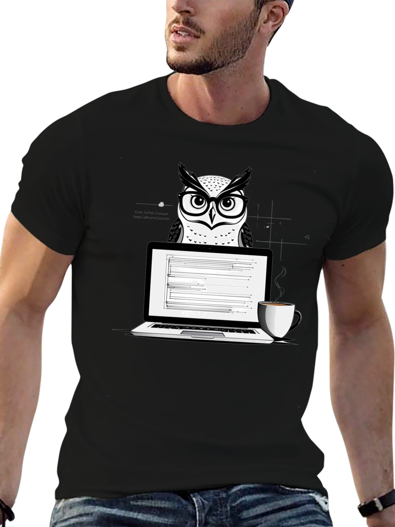 Owl Coder T-Shirt - Laptop and Coffee Design