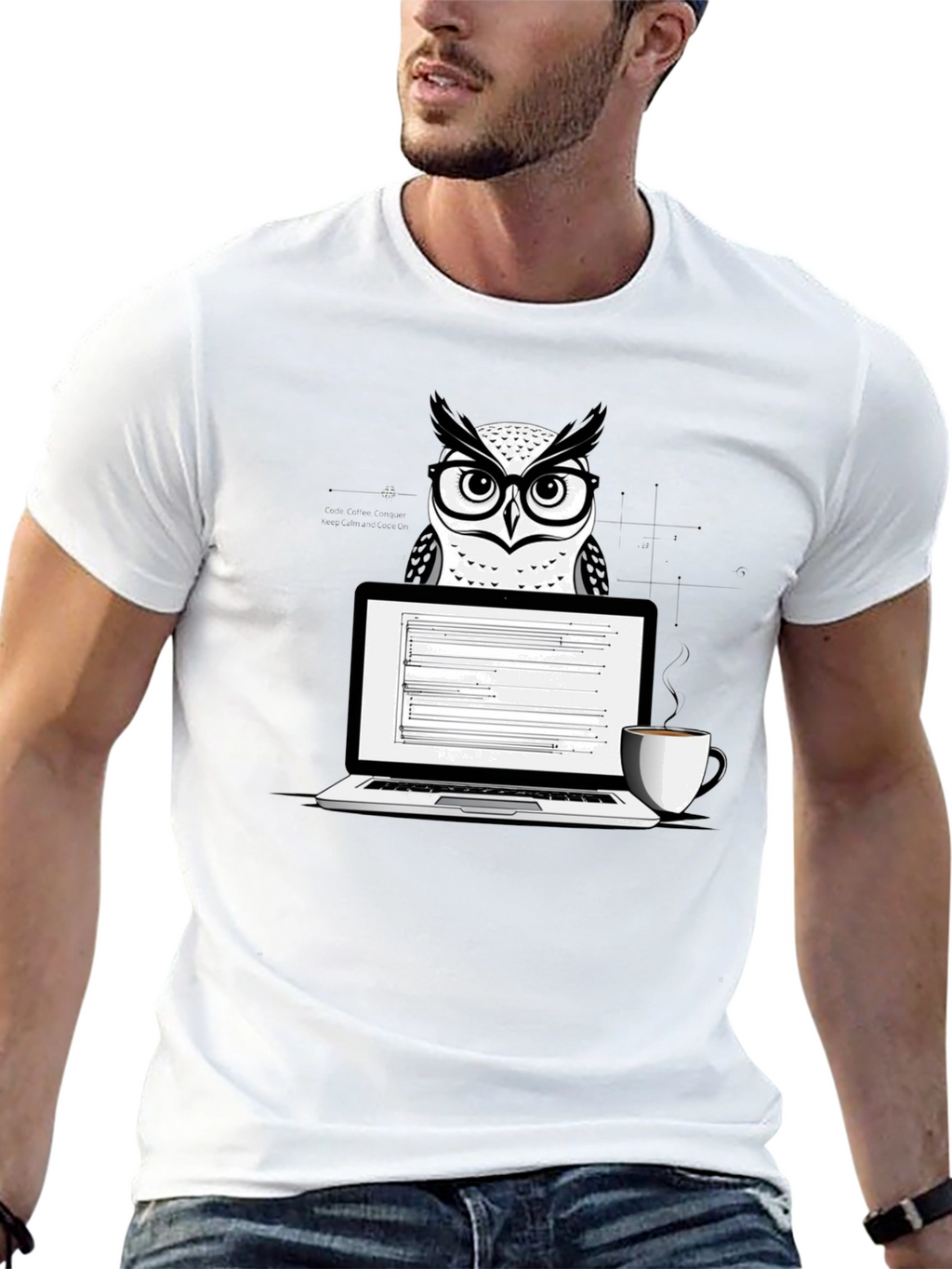 Owl Coder T-Shirt - Laptop and Coffee Design