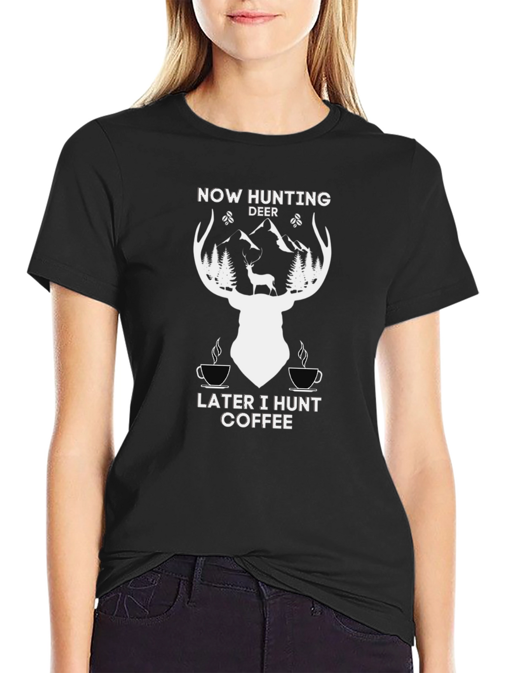 Hunting Deer Coffee Graphic T-Shirt - Black