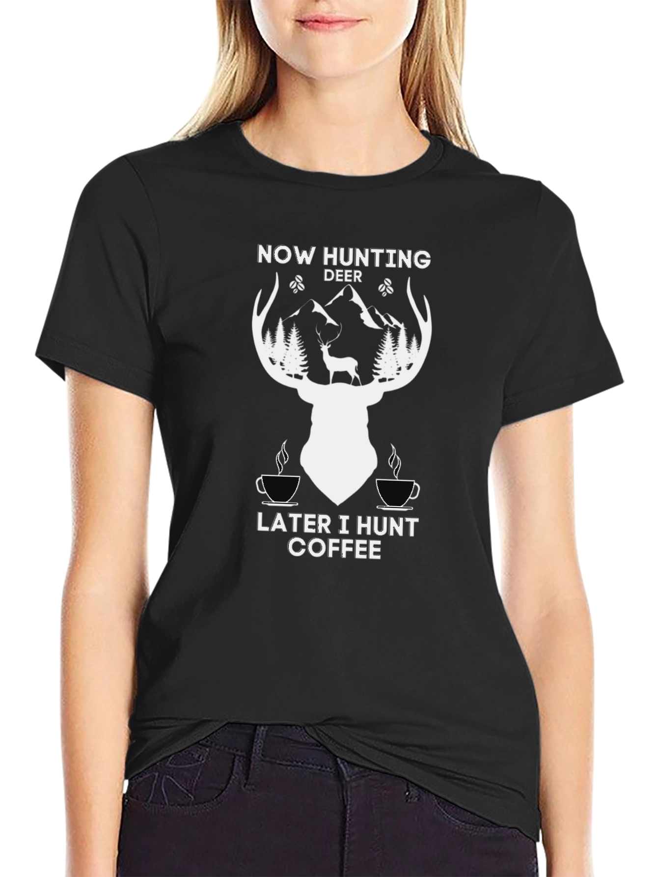 Hunting Deer Coffee Graphic T-Shirt - Black