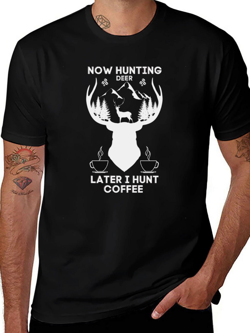 Hunting Deer Coffee Graphic T-Shirt - Black