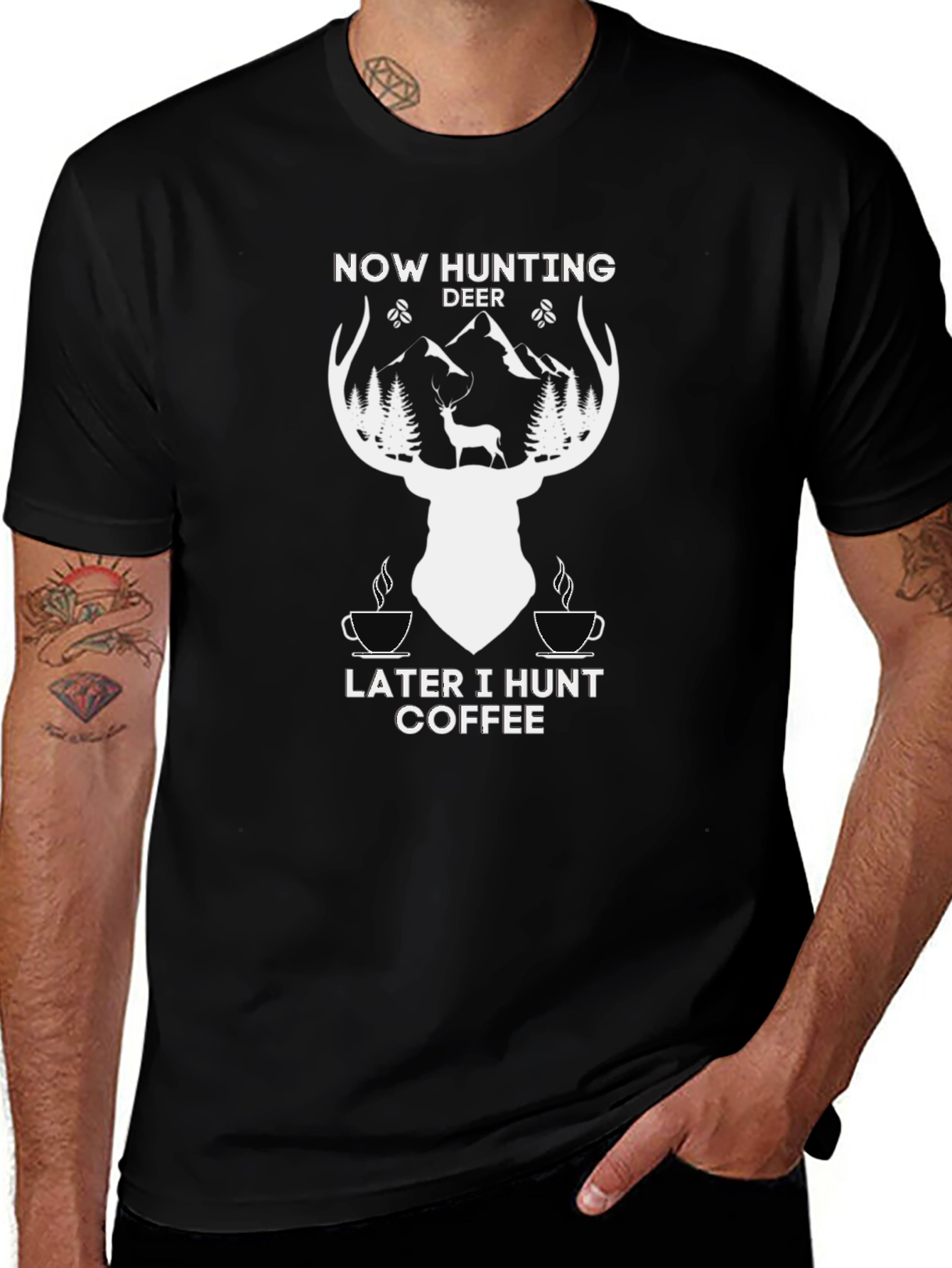 Hunting Deer Coffee Graphic T-Shirt - Black