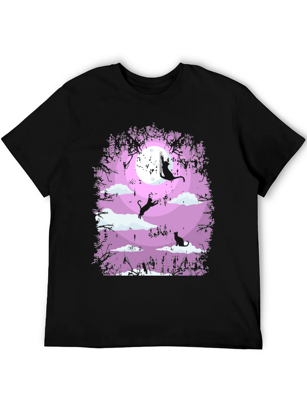 Whimsical Cat Moon T-Shirt - Black