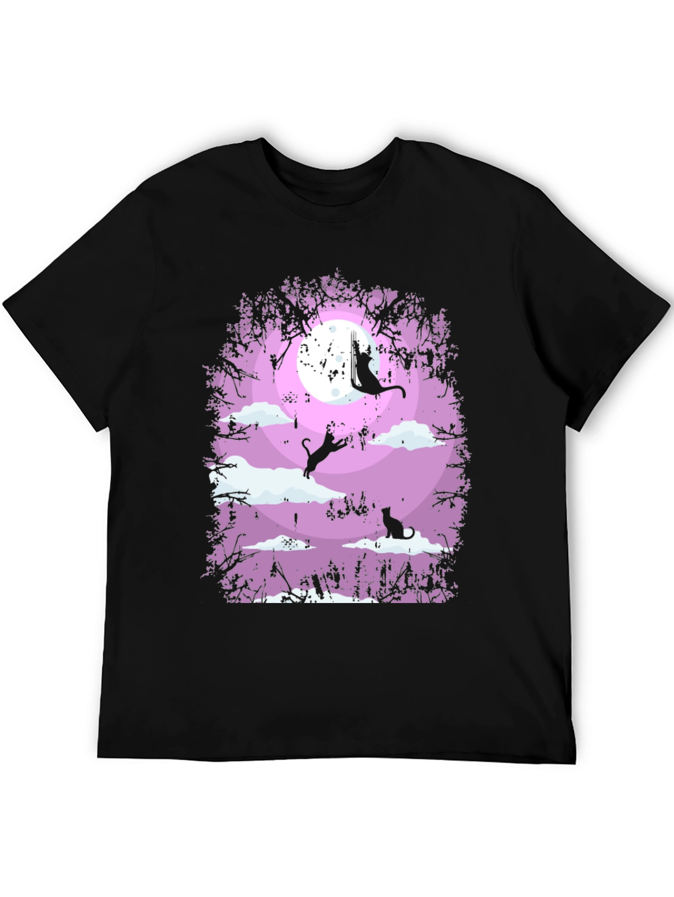 Whimsical Cat Moon T-Shirt - Black