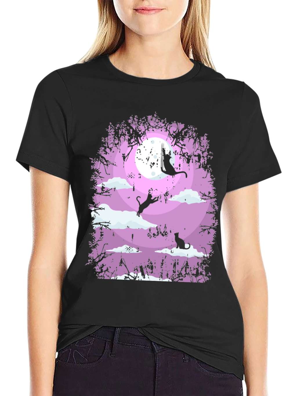 Whimsical Cat Moon T-Shirt - Black