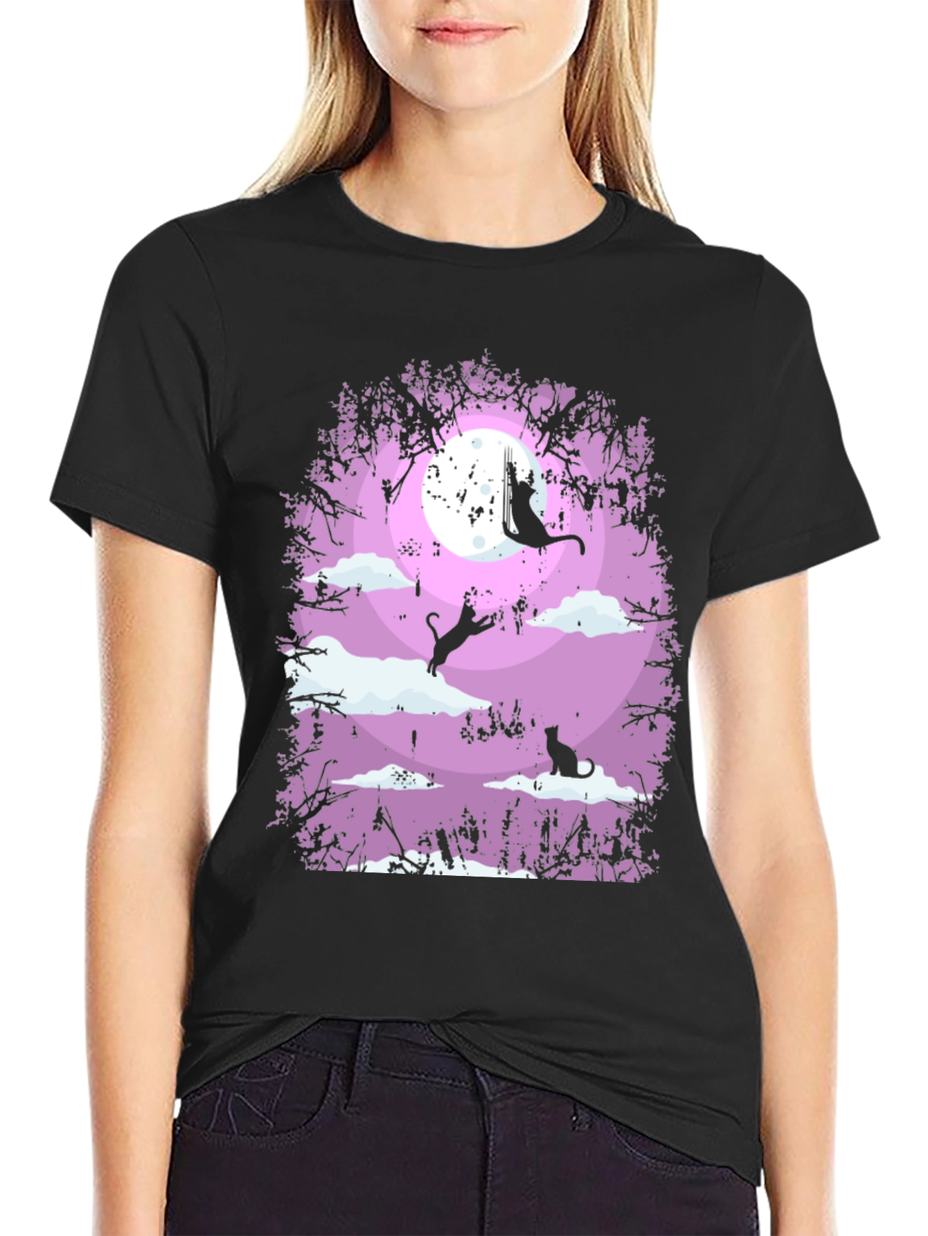Whimsical Cat Moon T-Shirt - Black