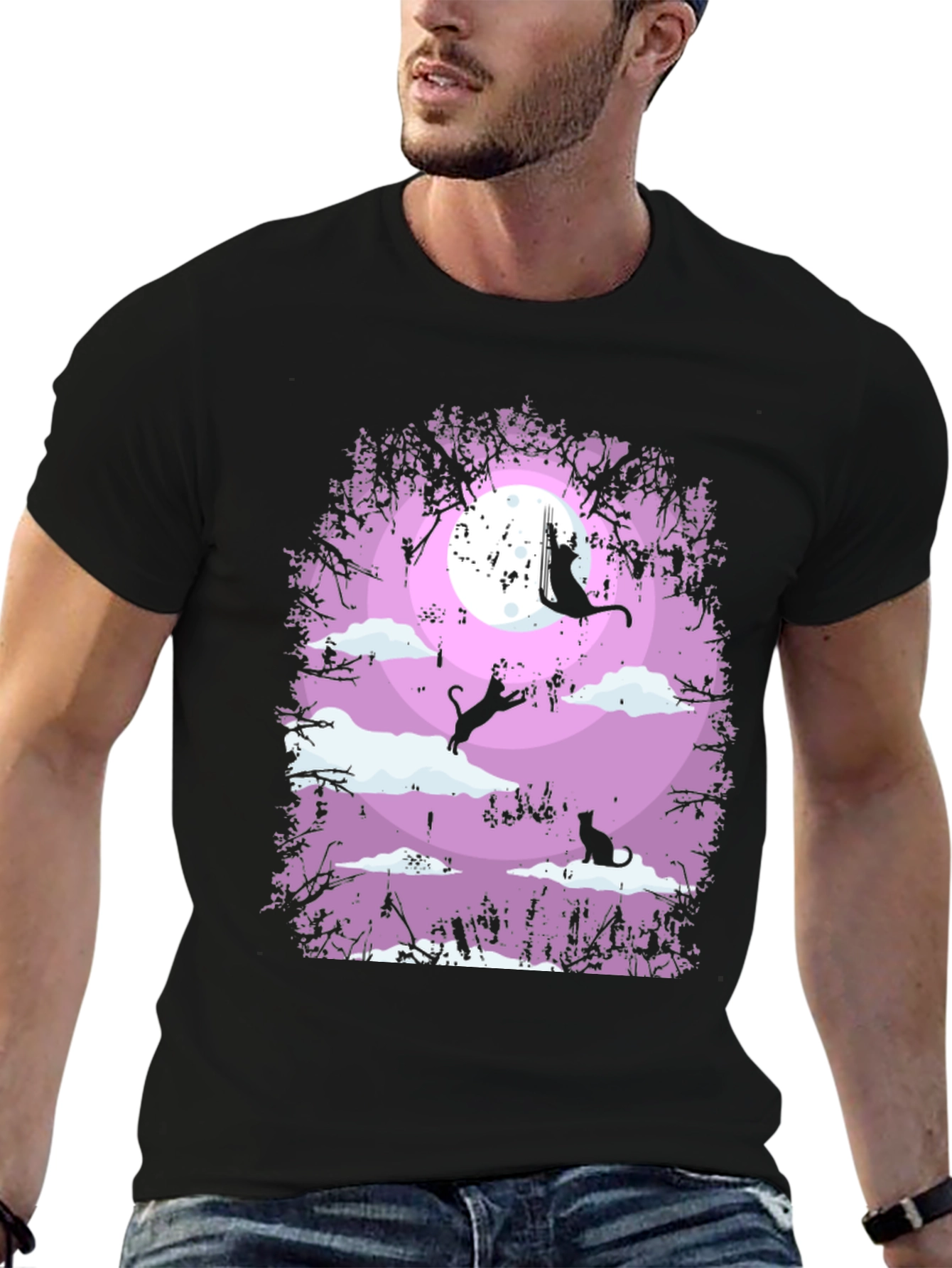 Whimsical Cat Moon T-Shirt - Black