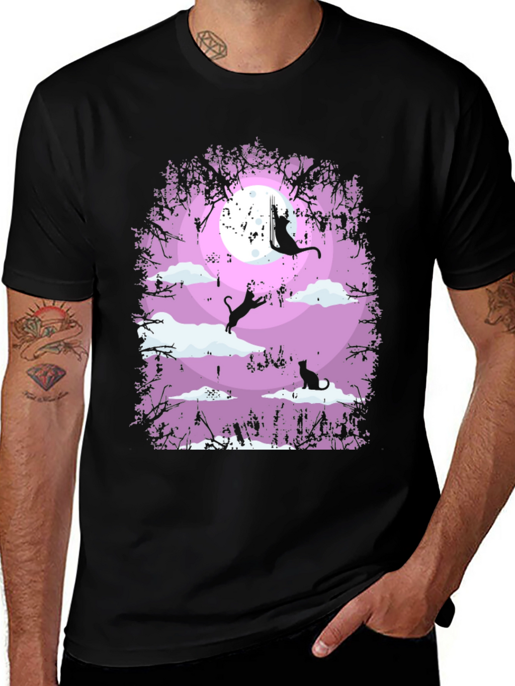 Whimsical Cat Moon T-Shirt - Black