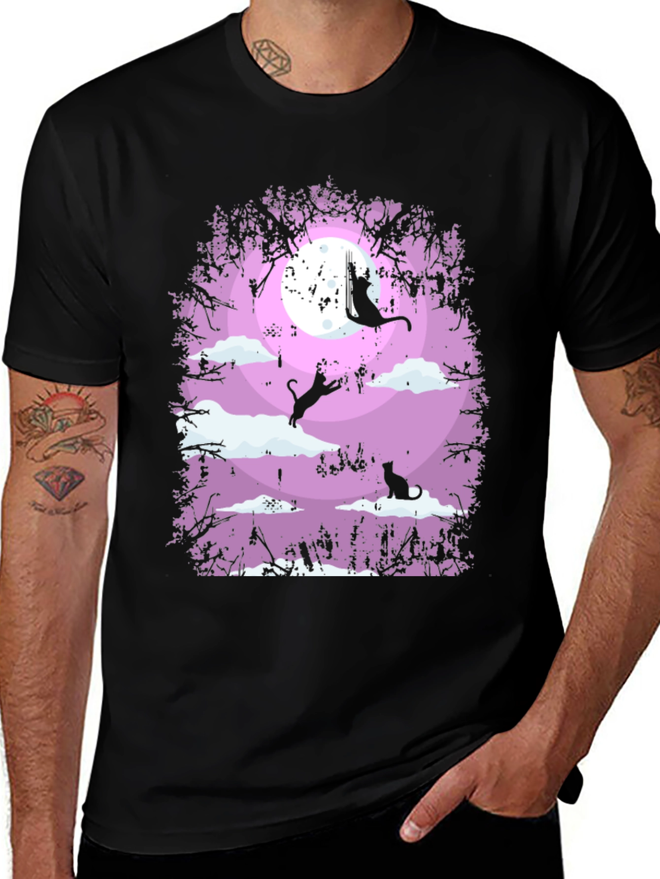 Whimsical Cat Moon T-Shirt - Black