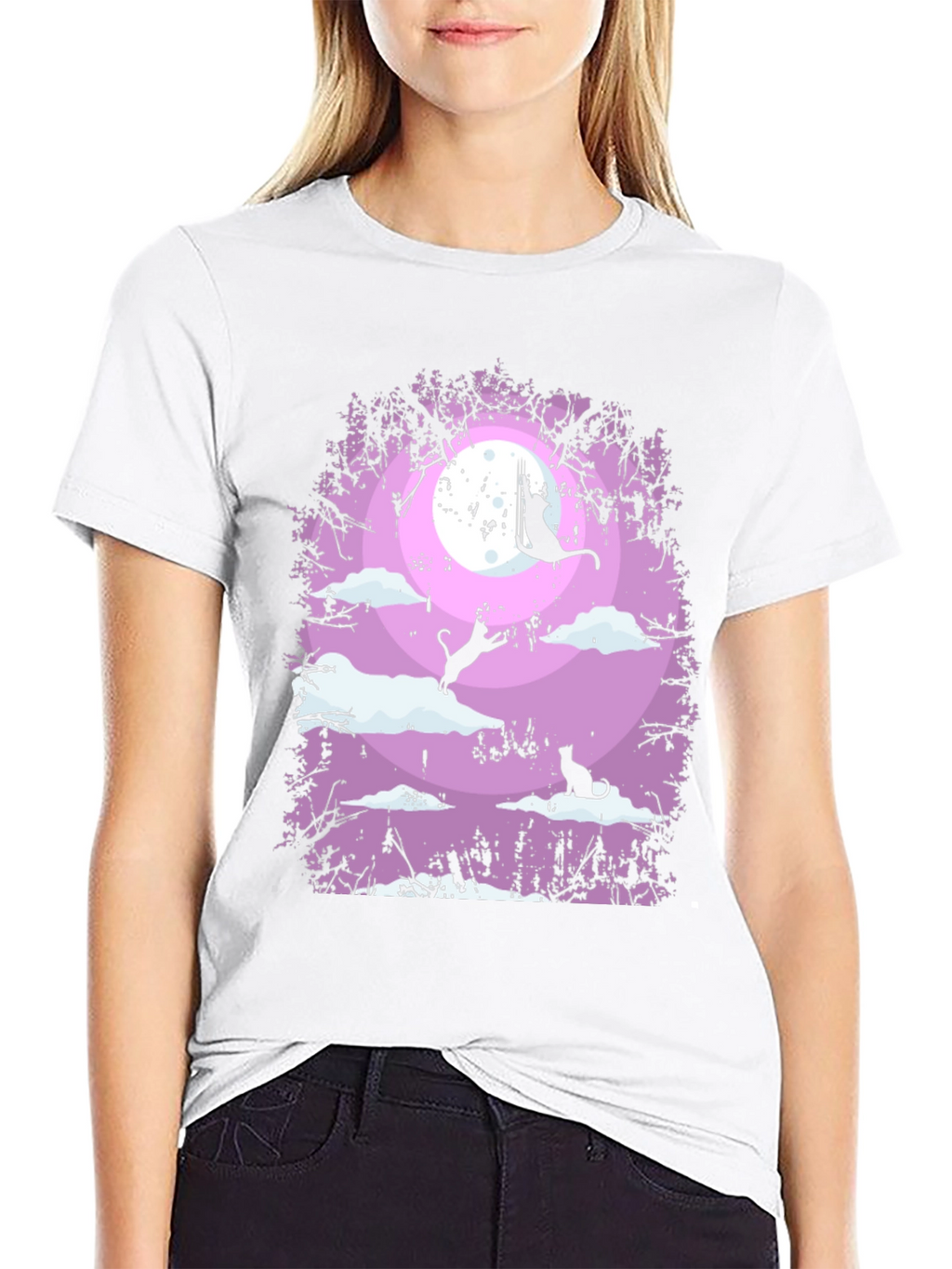 Whimsical Cat Moon T-Shirt - Black