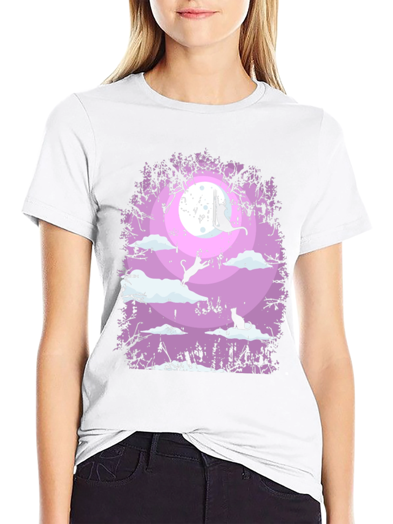 Whimsical Cat Moon T-Shirt - Black
