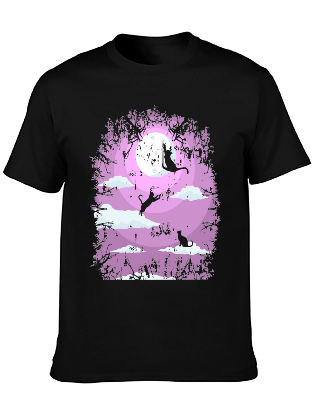 Whimsical Cat Moon T-Shirt - Black