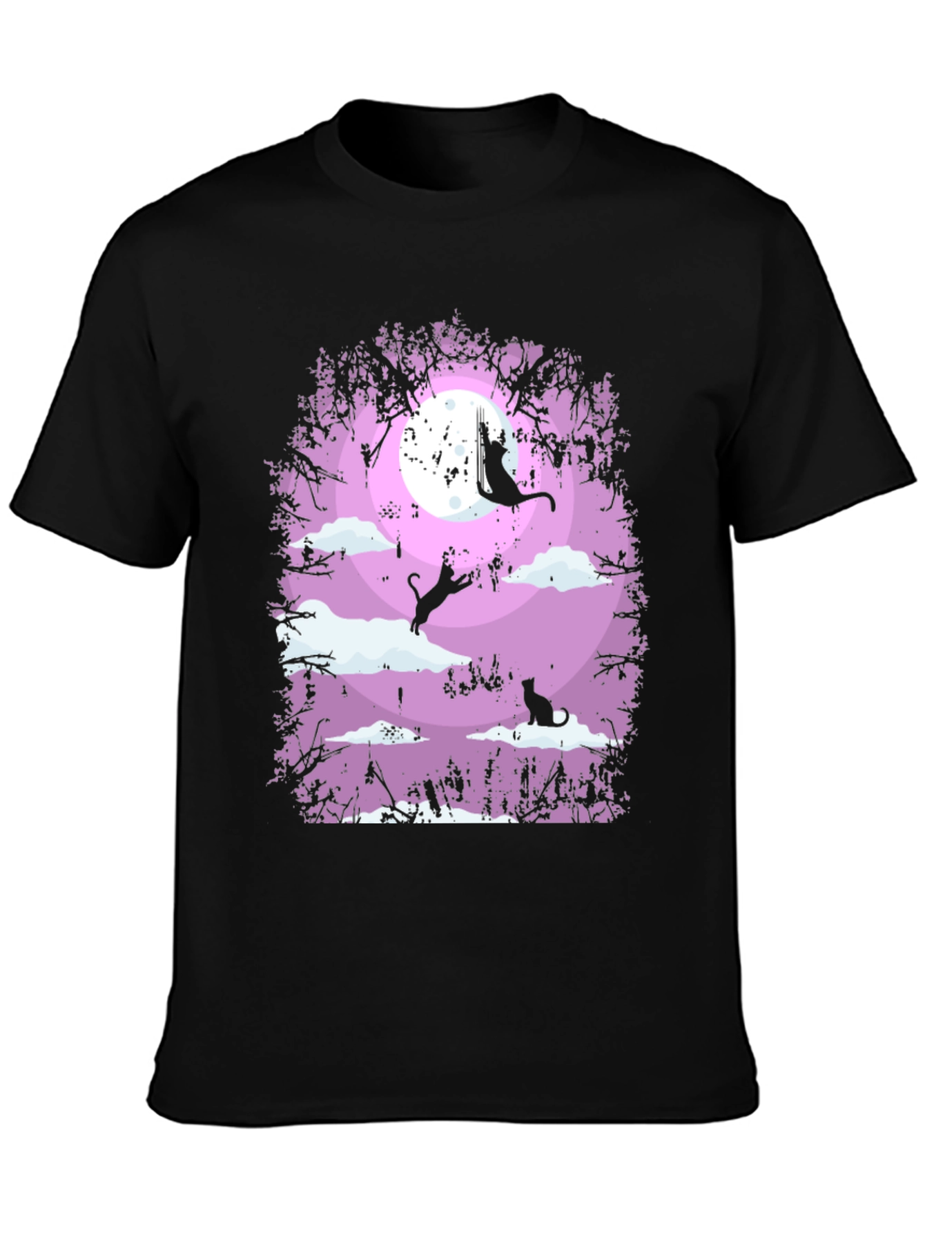 Whimsical Cat Moon T-Shirt - Black